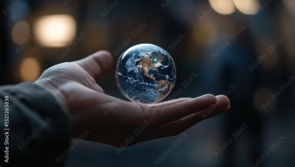 Fototapeta premium A close up of a hand holding a small transparent globe with a digital world map futuristic concept of global connectivity technology and international business