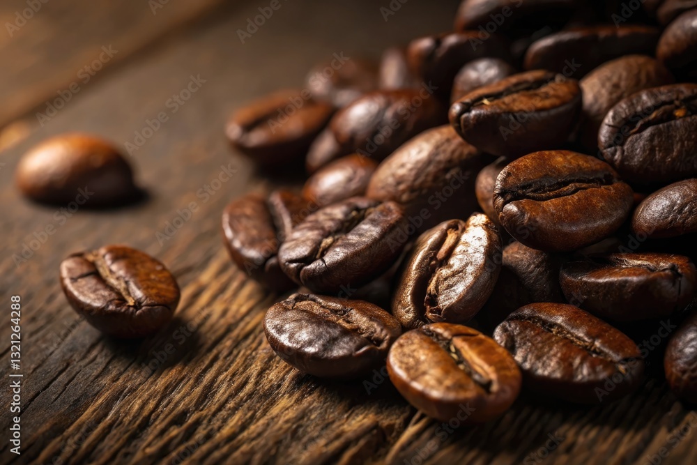Rich aroma of freshly roasted coffee beans on rustic wooden surface inviting morning bliss Rich aroma of freshly roasted coffee beans on rustic wooden surface inviting morning bliss