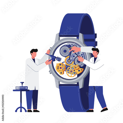 Watch repair process illustrated in flat style vector art showing technicians working on timepiece details