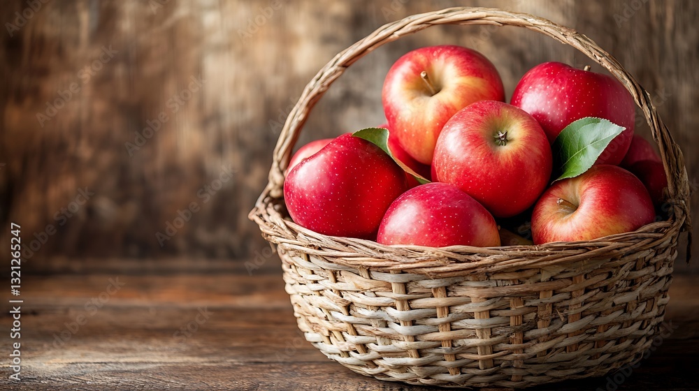 Red apples in wicker basket on wood Red apples in wicker basket on wood