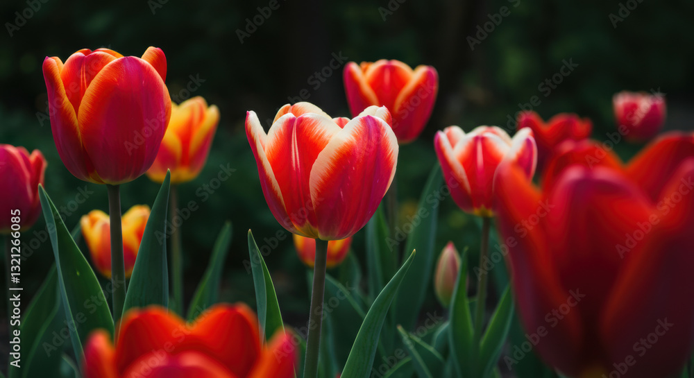 A vibrant garden scene featuring a collection of red and yellow tulips in full bloom. A vibrant garden scene featuring a collection of red and yellow tulips in full bloom.