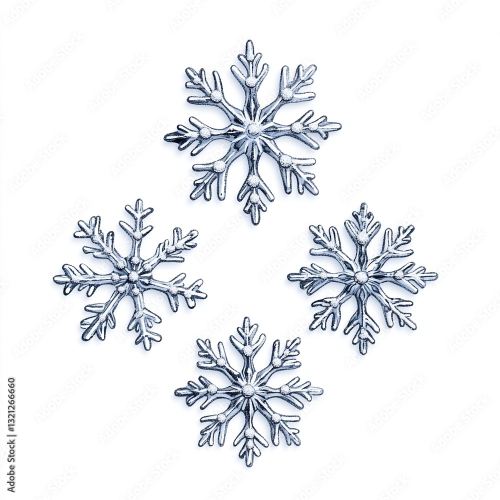 Four silver snowflakes arranged in a square on white background.