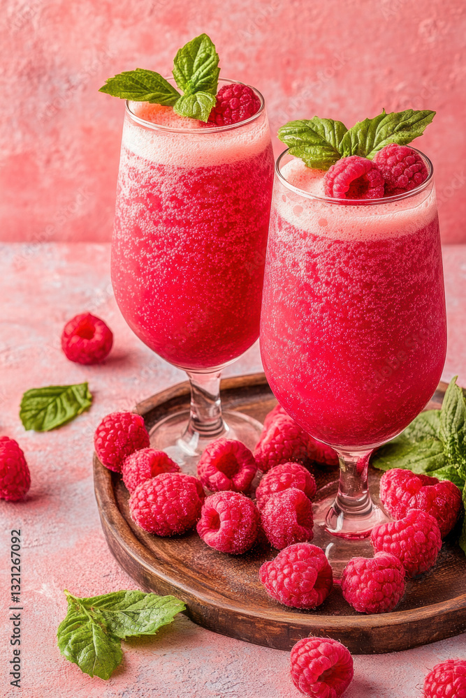 Cocktail, Refreshing raspberry drinks garnished with mint and surrounded by fresh raspberries. Cocktail, Refreshing raspberry drinks garnished with mint and surrounded by fresh raspberries.