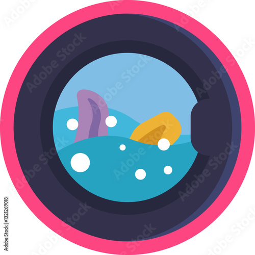 A washing machine with a circular drum, signifying the laundry process.