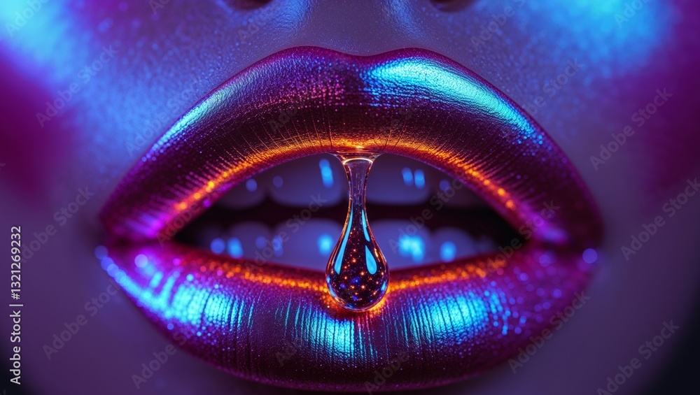 Colorful metallic lips with glossy drip under neon lighting. Colorful metallic lips with glossy drip under neon lighting.