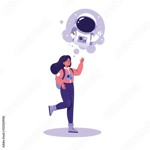Young woman running with backpack and dreaming in flat vector art