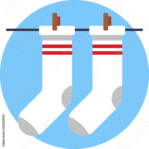 A pair of socks hanging on a clothesline, drying.