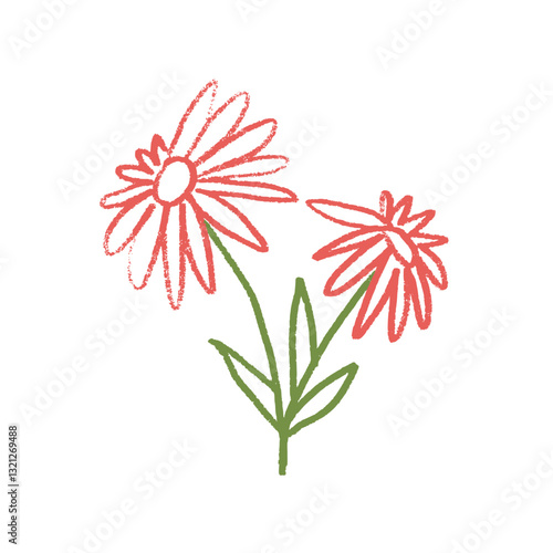 Marguerite flower crayon drawn. Spring plant doodle isolated on white background. Summer floral kids element. Chalk or pastel style childish scrawl shape. Vector naive illustration by pencil.