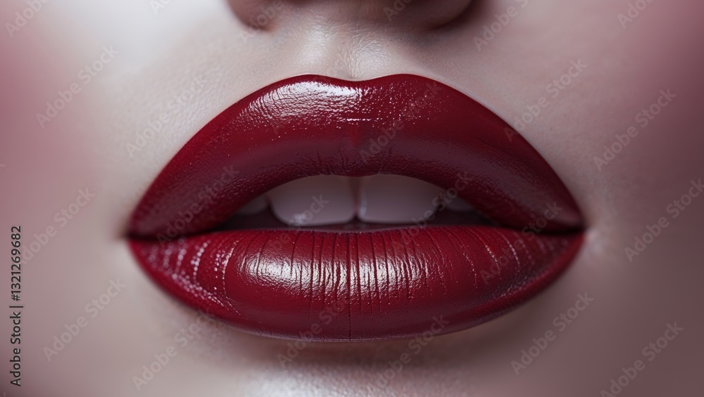 Obraz premium Striking red lipstick on female lips with glossy finish and smooth texture.