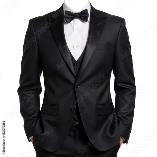 Formal attire, elegant black tuxedo with bow tie, perfect for gala events, showcasing sophistication and style. Isolated on white background or PNG