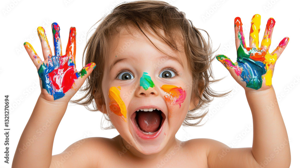Cheerful young boy explores his creativity by playing with colorful paints spreading his painted hands in a joyful and expressive manner Cheerful young boy explores his creativity by playing with colorful paints spreading his painted hands in a joyful and expressive manner