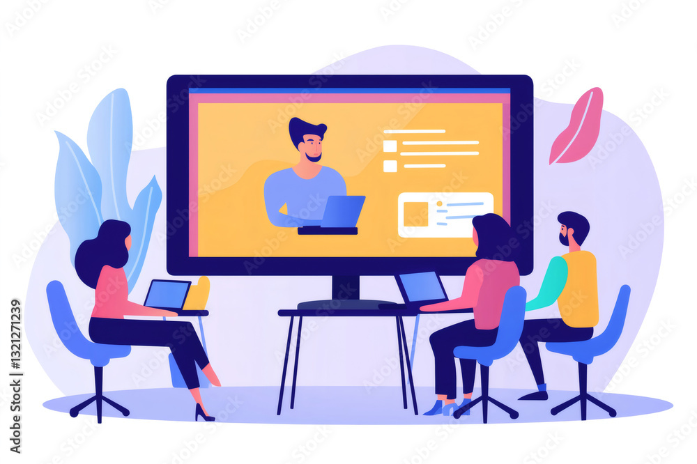Fototapeta premium Business team having online meeting using video conference software on a big screen, working remotely from home or office