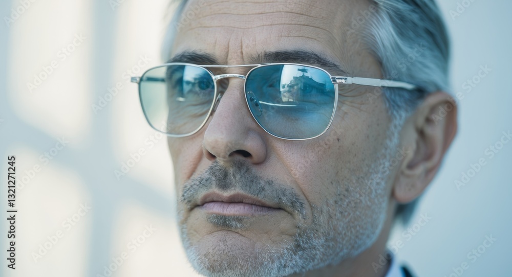 A close up of a man in reflective glasses A close up of a man in reflective glasses