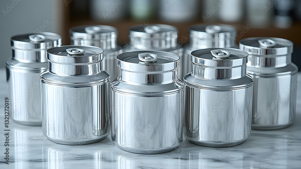 Close Up of Group of Silver Metal Jars on Countertop with Soft Lighting and Blurred Background Close Up of Group of Silver Metal Jars on Countertop with Soft Lighting and Blurred Background