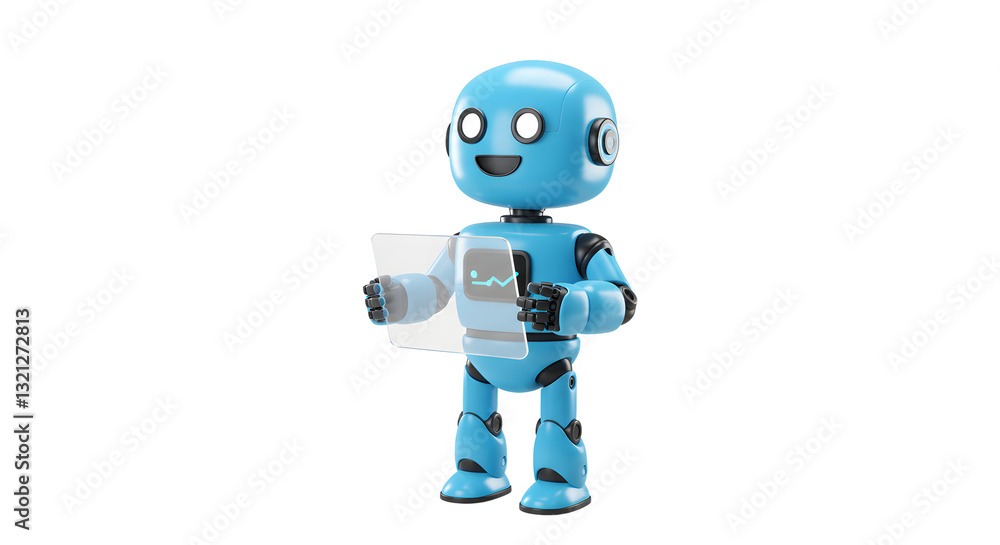 Blue robot holding a translucent digital tablet, futuristic assistant Blue robot holding a translucent digital tablet, futuristic assistant