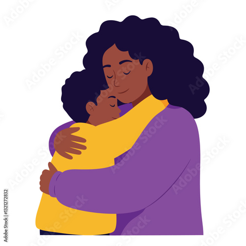 Mother and child embracing in a warm, colorful flat vector illustration