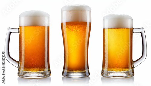 Wallpaper Mural Three Frosty Mugs Of Golden Beer, Inviting A Refreshing Toast To Friendship And Good Times, Glistening With Condensation Under Bright Studio Lighting Torontodigital.ca