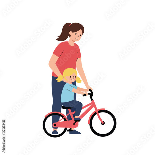 Mother guiding child on bicycle in flat vector illustration