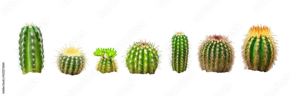 Collection of various cacti species arranged in a line with a transparent background showcasing unique shapes and textures Collection of various cacti species arranged in a line with a transparent background showcasing unique shapes and textures
