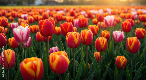 A lush field bursts with vibrant tulips in shades of red, orange, and white, announcing the arrival of spring.