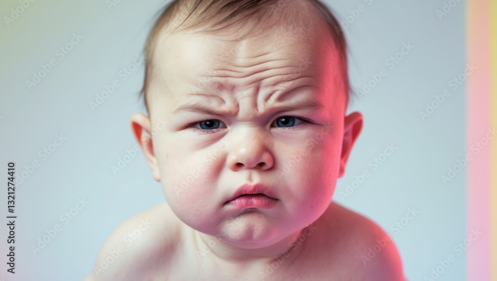 Grumpy baby with furrowed brows looking unimpressed. Grumpy baby with furrowed brows looking unimpressed.