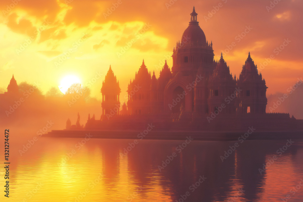 Fototapeta premium Serene morning mist surrounds a Hindu temple on the banks of the Ganges, bathed in the golden light of a breathtaking sunrise