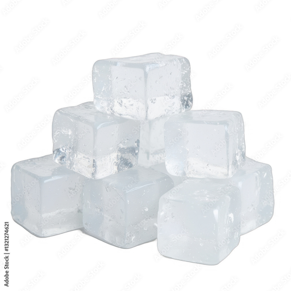 Various clear ice cubes stacked together, refreshing coolness for drinks, perfect for parties or summer gatherings. Isolated on white background or PNG Various clear ice cubes stacked together, refreshing coolness for drinks, perfect for parties or summer gatherings. Isolated on white background or PNG