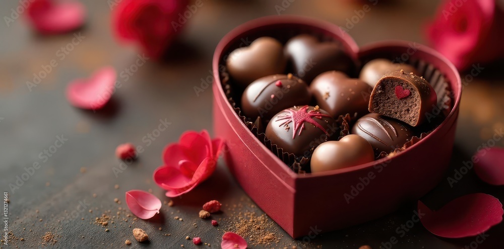 Rich dark and milk chocolates arranged in a heart-shaped box , treats, milk chocolate Rich dark and milk chocolates arranged in a heart-shaped box , treats, milk chocolate