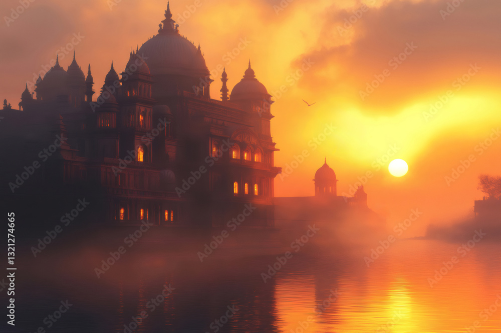Fototapeta premium Majestic Hindu temple by the Ganges river at sunrise, with birds flying and warm, misty atmosphere