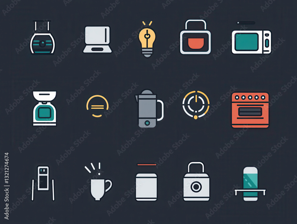 Smart home automation icons featuring various appliances and devices Smart home automation icons featuring various appliances and devices