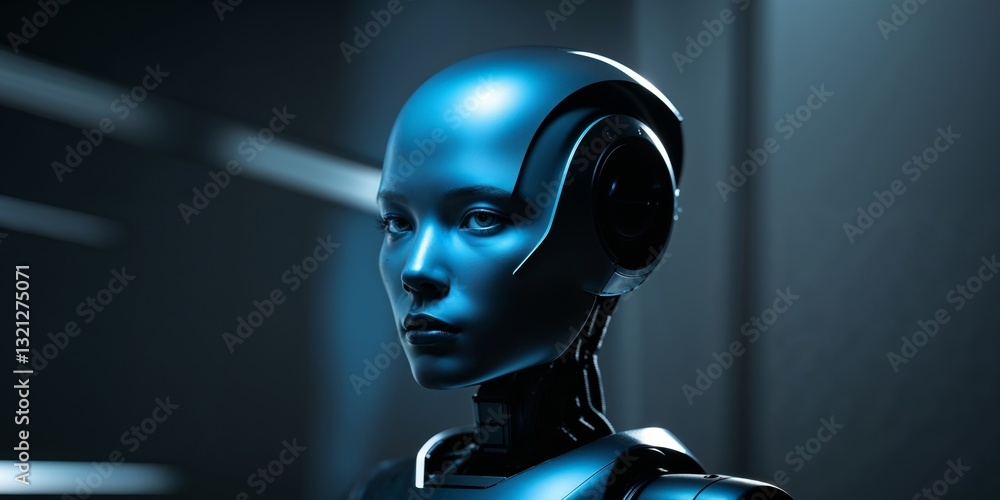 Unique robot featuring a blue light illuminating its face in a dimly lit environment with a futuristic aesthetic
