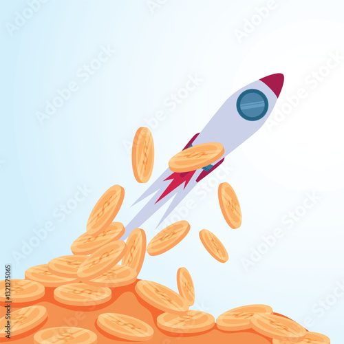 Rockets shoot up and coins scatter. A metaphorical illustration of increasing sales, accelerating profits and increasing revenue.