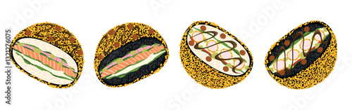 Set of hot sushi burgers with breaded shrimps, salmon meat, masago caviar, black rice with cuttlefish, soy sauce and unagi fried in breadcrumps. Hand drawn vector illustration in flat style