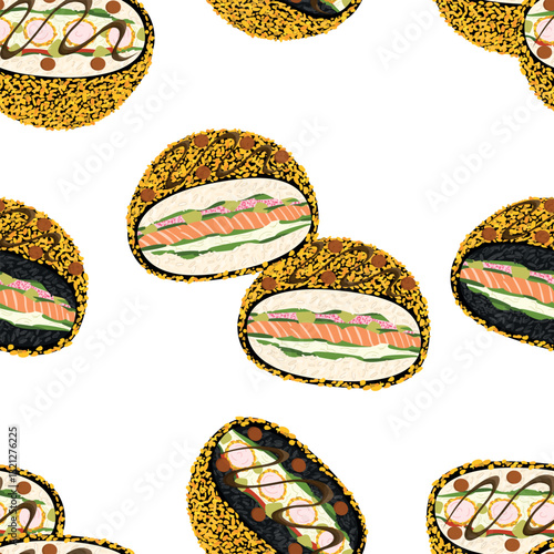 Seamless pattern with hot sushi burgers with breaded shrimps, salmon meat, masago caviar, black rice with cuttlefish, soy sauce, unagi fried in breadcrumps. Hand drawn vector illustration in flat