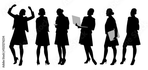Silhouettes of Businesswoman character in different poses. Woman wearing formal suit with skirt, standing, using phone, laptop. Vector black illustration isolated on transparent background.