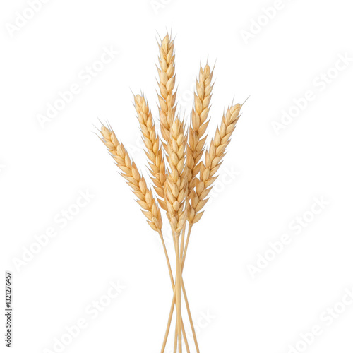 Dried wheat stalks arrangement, golden wheat ears bundled together, symbolizes harvest, rustic decor, natural beauty. Isolated on white background or PNG