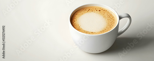 3D render of a white coffee cup on a light grey background, a mockup template