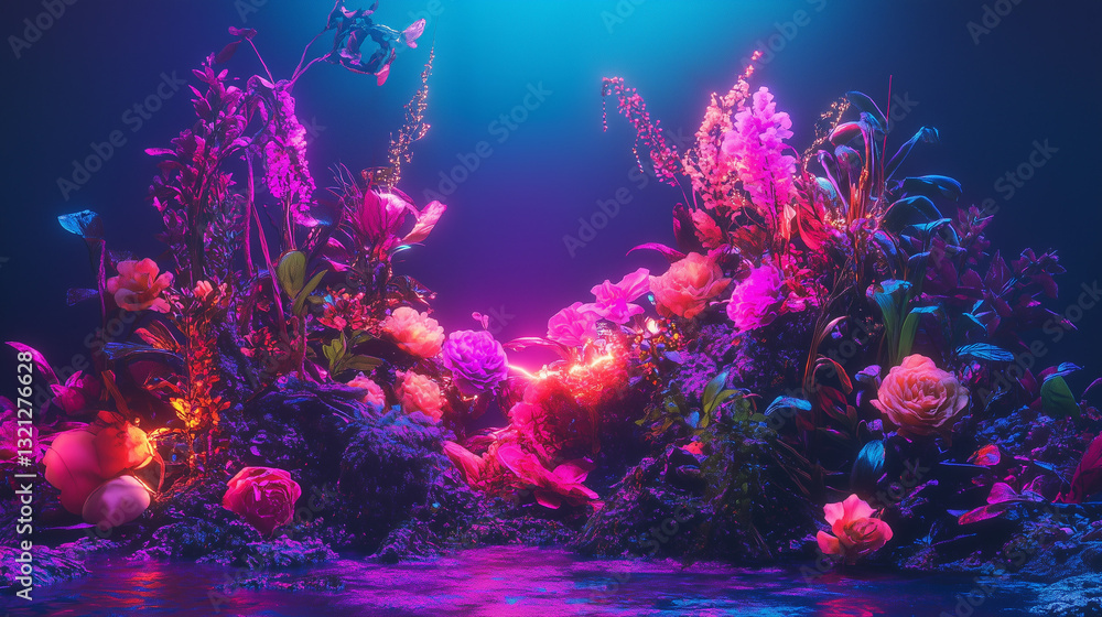 Fototapeta premium Vibrant floral display with glowing elements in a mystical underwater setting