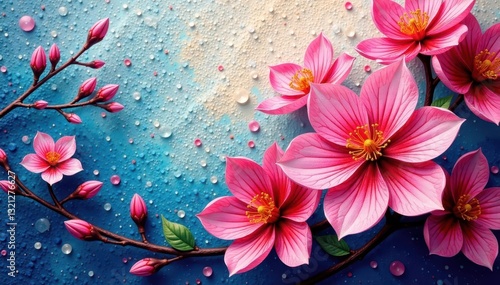 Vibrant acrylic painted blossoms, textured canvas, close up, intense, spring