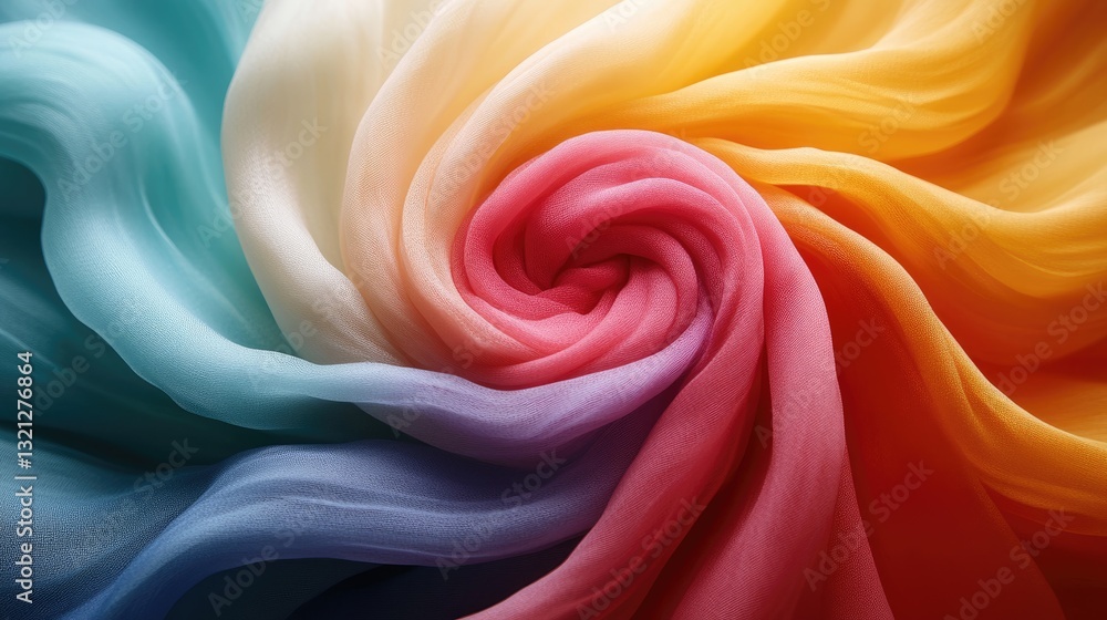 Vibrant Colorful Fabric Swirl, Close-up Texture, Abstract Design, Fashion Apparel Material