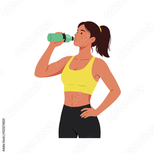 Woman in yellow sports top drinking water in flat vector art