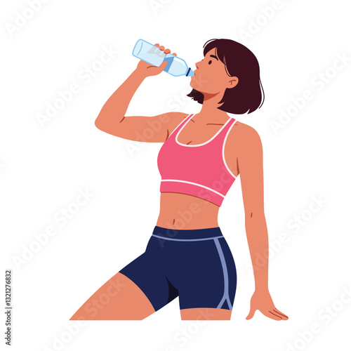 Active woman enjoying hydration in sports attire with minimal style vector illustration