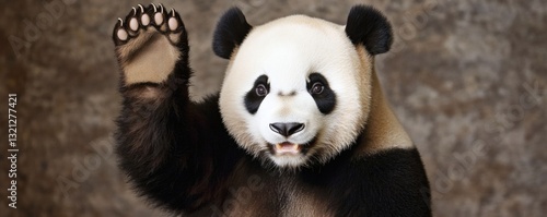 A giant panda is waving its paw to greet someone