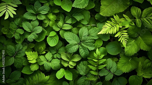 A lush bunch of leaves displaying natural patterns with an emphasis on textured varieties and copy space for design