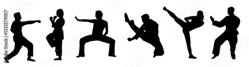 Martial art training male, female silhouettes set. People doing asian martial art exercises. Vector black illustrations isolated on transparent background. Karate, judo, tai chi, taekwondo sport.