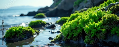 Emerald moss clinging to dark, wet rock at low tide , rough, water