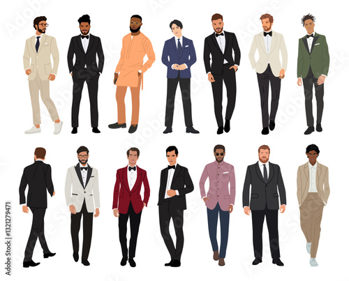 Diverse multiracial, multiethnic elegant men wearing formal, black tie outfit, suit, tuxedo for evening Christmas, New Year, Wedding event, celebration. Handsome men different races, ages, body type.
