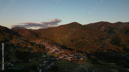Aerial View of Magome Juku during autumn season and sunset golden hour