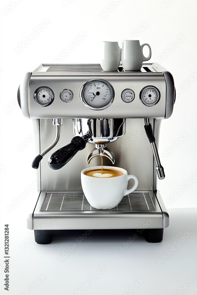 Stainless steel espresso machine with steaming coffee Stainless steel espresso machine with steaming coffee