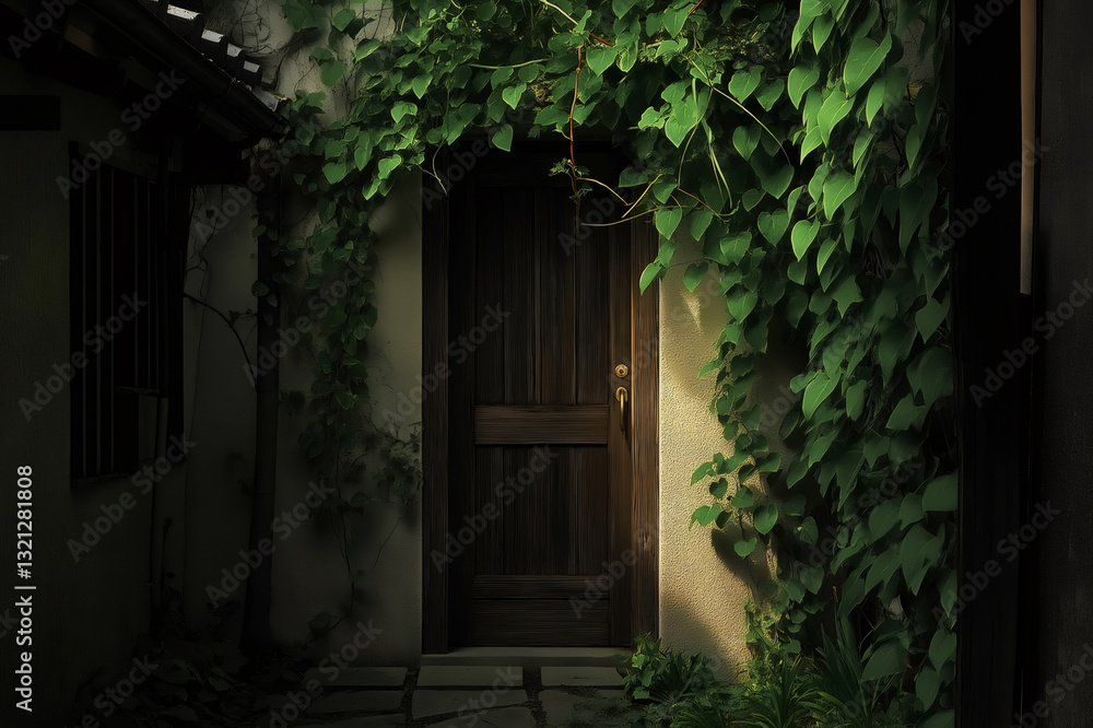 Lush green ivy climbs the wall surrounding a wooden doorway of a traditional Japanese house, creating a serene and inviting atmosphere Lush green ivy climbs the wall surrounding a wooden doorway of a traditional Japanese house, creating a serene and inviting atmosphere